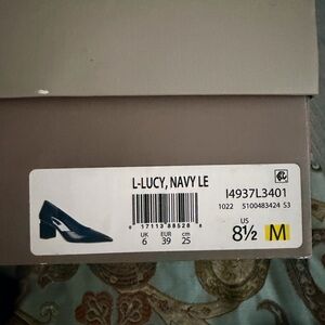 Franco Sarto Lucy Navy Pointed Toe Low Block Heel Pump 3 in